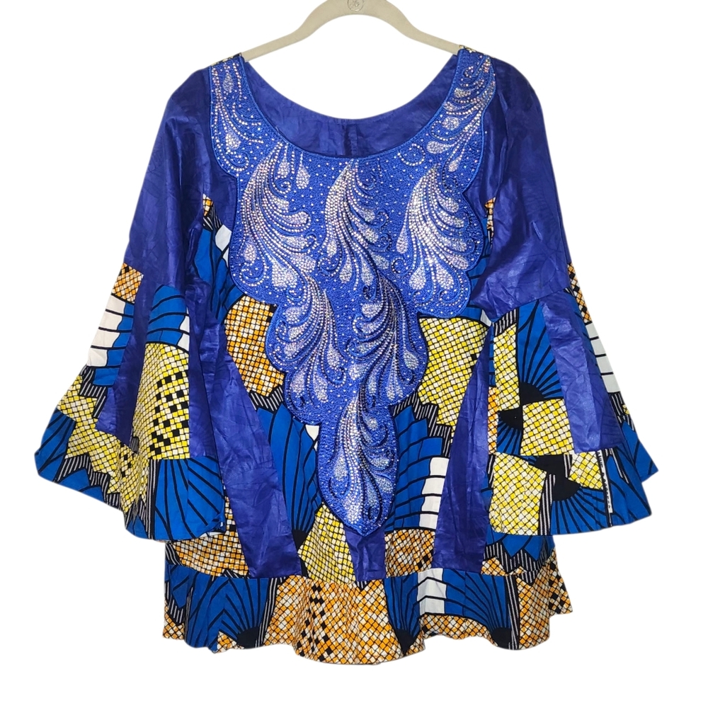 Vibrant Blue Rhinestone Embellished Top With Butterfly Sleeves